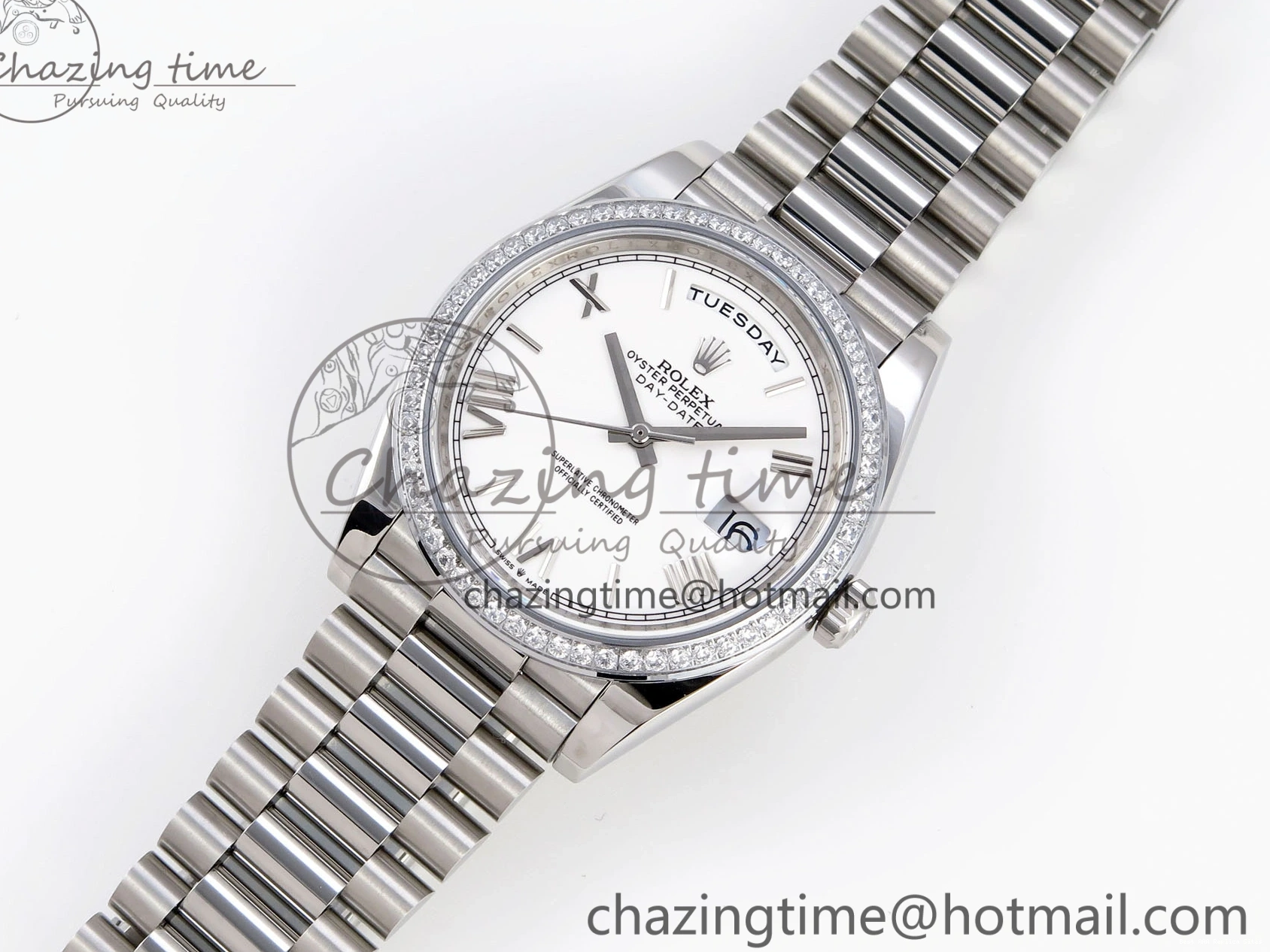 Good Copy Rolex Watches GSF Dial Bezel White Sustainable A 1920 40 SS Roman on Weight DayDate Diamonds Bracelet Gain President 1227